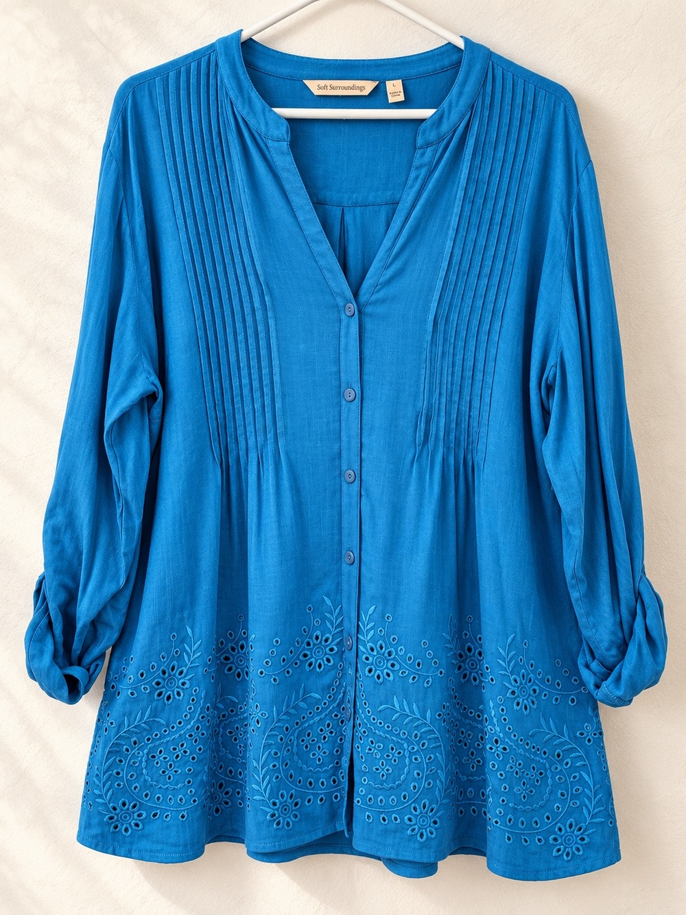 Soft Surroundings L Teal Blue Tunic Top Eyelet Embroidered Pintuck Boho Rayon